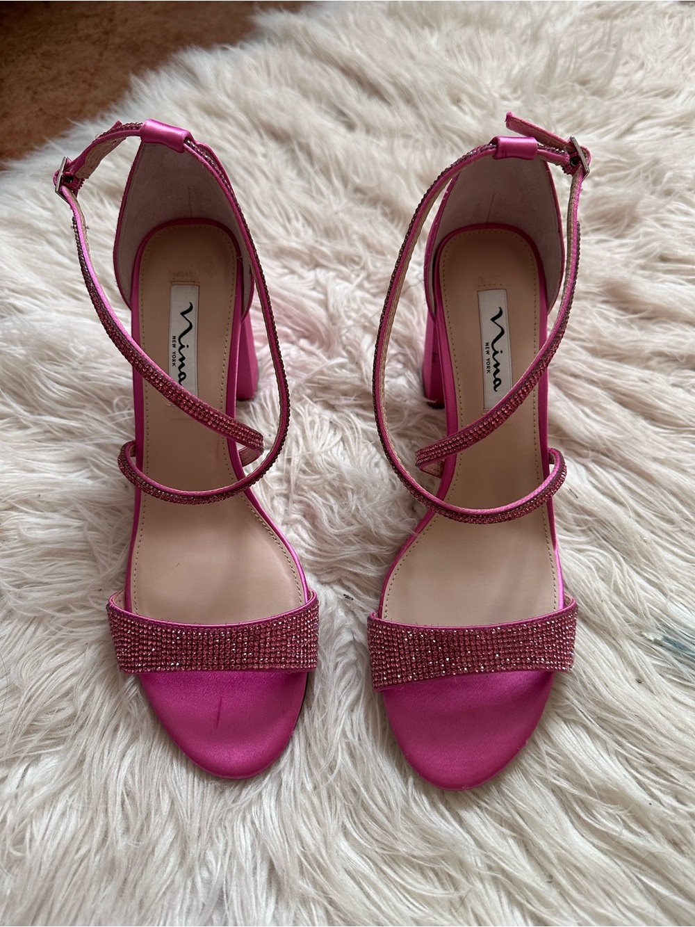 Nina Fuchsia Crystal-Strap Block Heel Sandals